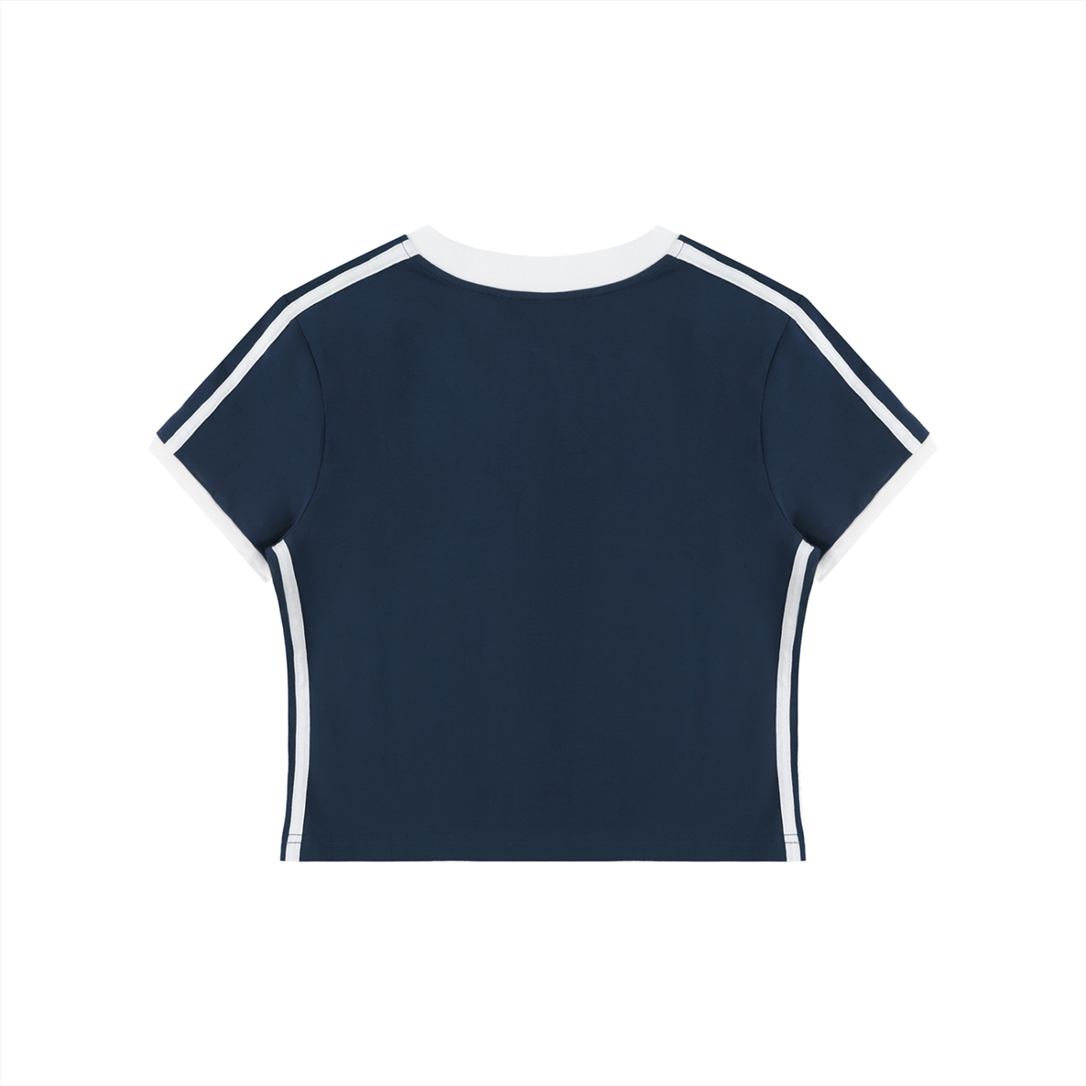 Navy cotton t shirt v neck with white trim and stripes back view