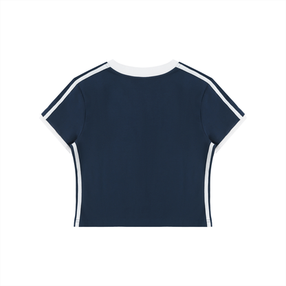 Navy cotton t shirt v neck with white trim and stripes back view