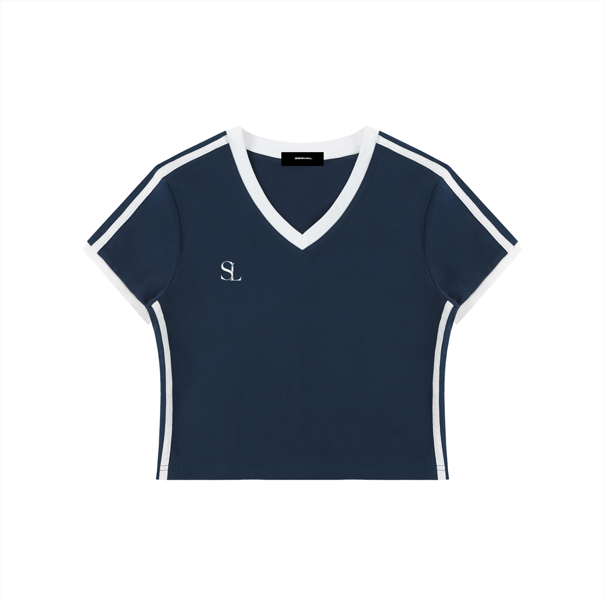 Navy blue t shirt v neck with white trim and short sleeves front view