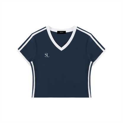 Navy blue t shirt v neck with white trim and short sleeves front view