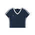 Navy blue t shirt v neck with white trim and short sleeves front view