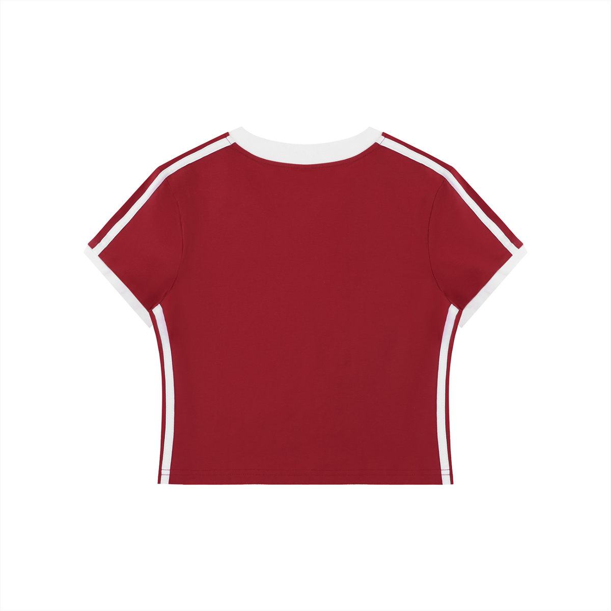Red cotton t shirt v neck with white trim and stripes back view