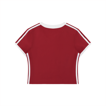 Red cotton t shirt v neck with white trim and stripes back view