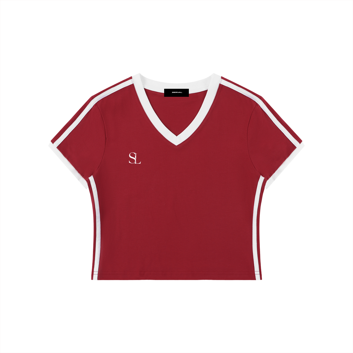 Red cotton t shirt v neck with white trim and stripes front view