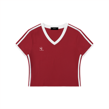 Red cotton t shirt v neck with white trim and stripes front view