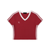 Red cotton t shirt v neck with white trim and stripes front view